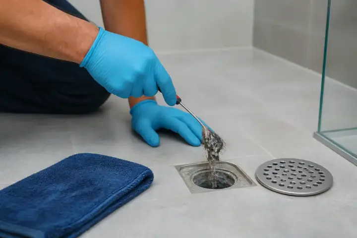 Banyo gideri açma için yer süzgeci temizliği