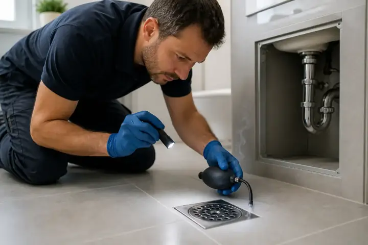 Gider kokusu tespiti için süzgeç ve sifon bağlantısı incelemesi