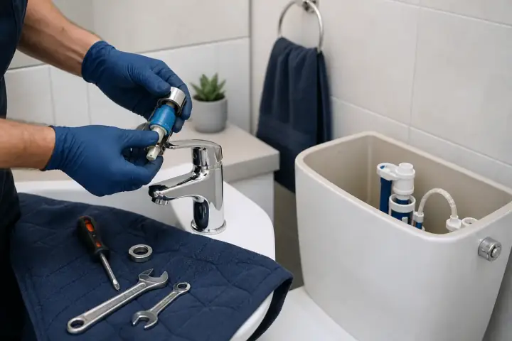 Musluk ve batarya tamiri için lavabo altı armatür bağlantısı kontrolü