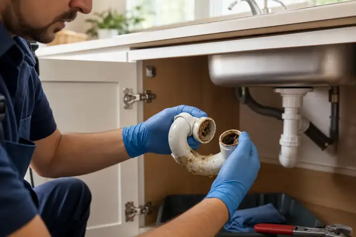 Mutfak gideri açma için lavabo sifonu ve yağ birikimi temizliği